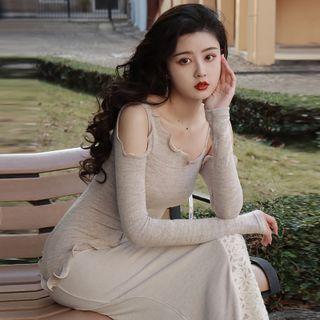 Long-sleeve Lettuce Edge Midi Sheath Dress