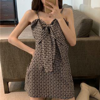 Spaghetti Strap Printed Bow Accent Mini A-line Dress