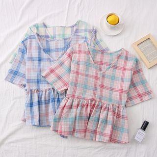 Ribbon-back V-neck Plaid Blouse