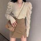 Puff-sleeve V-neck Lace Top / Slit Mini Pencil Skirt
