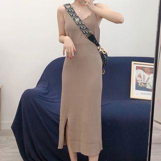 Plain Sleeveless Knit Midi Sheath Dress Light Coffee - One Size