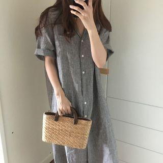 Pinstriped Short-sleeve Shirt Dress Stripe - One Size
