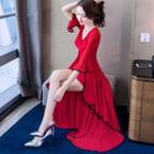 Elbow-sleeve Contrast-trim Asymmetric Hem A-line Dress