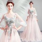 3/4-sleeve Floral Embroidery A-line Wedding Gown