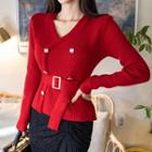 V-neck Button Sweater Red - One Size