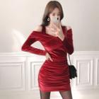 Off-shoulder Shirred-side Velvet Dress