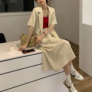 Set: Short-sleeve Single-button Blazer + Midi A-line Skirt