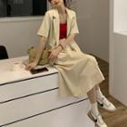 Set: Short-sleeve Single-button Blazer + Midi A-line Skirt