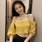 Elbow-sleeve Off-shoulder Buttoned Knit Crop Top