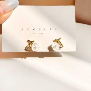 Flower Rhinestone Alloy Earring 1 Pair - Earrings - S925 Silver - Flower - Gold & White - One Size