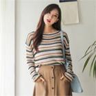 Multi-color Striped Open-knit Sweater Beige - One Size