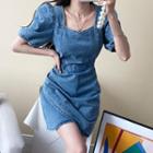 Puff-sleeve Square-neck Denim Sheath Dress