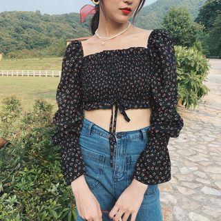 Puff-sleeve Floral Print Crop Chiffon Blouse