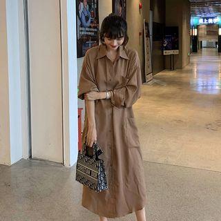 Pocket Detail Long-sleeve Midi Shirt Dress