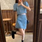 Short-sleeve Square-neck Printed Denim Top / High-waist Printed Denim Skirt