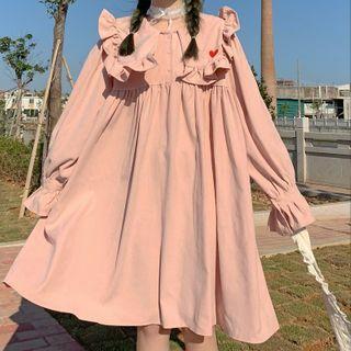 Long-sleeve Heart Embroidered Ruffled A-line Dress Pink - One Size