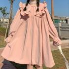 Long-sleeve Heart Embroidered Ruffled A-line Dress Pink - One Size