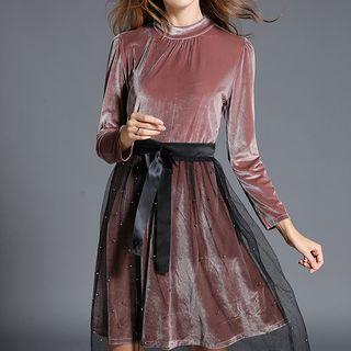Set: Long-sleeve Velvet Dress + Embellished Mesh Skirt