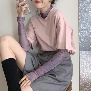 Lettering Mock-neck Long-sleeve Mesh Top / Embroidered Short-sleeve T-shirt