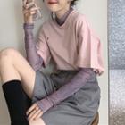 Lettering Mock-neck Long-sleeve Mesh Top / Embroidered Short-sleeve T-shirt