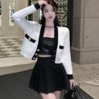 Contrast Trim Cropped Cardigan / Camisole Top / Pleated Mini A-line Skirt