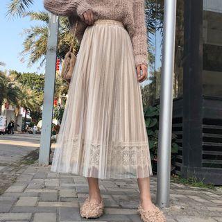 Accordion Pleat Mesh-overlay Midi Velvet Skirt