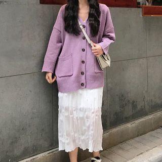 V-neck Cardigan / Midi Crinkle Skirt