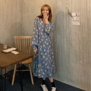 Collared Floral Midi A-line Dress Blue & Yellow - One Size