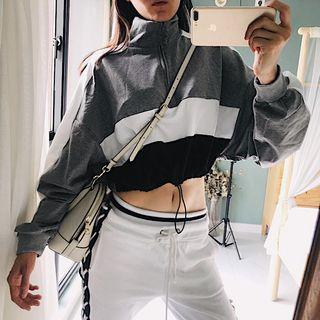 Color Block Cropped Pullover As Shown In Figure - One Size