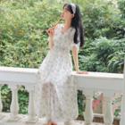 Short-sleeve Floral Chiffon A-line Maxi Dress