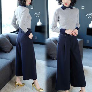 Set: Collar Sweater + Cropped Wide-leg Pants