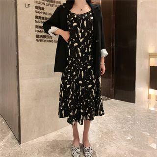 Double Breasted Blazer / Spaghetti Strap Patterned Midi Dress