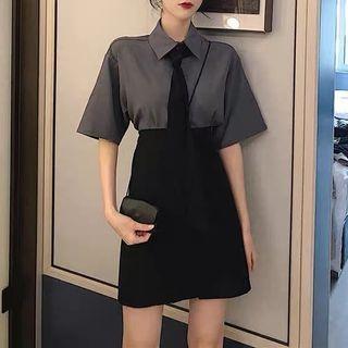Set: Short-sleeve Plain Shirt + Mini A-line Skirt