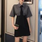 Set: Short-sleeve Plain Shirt + Mini A-line Skirt