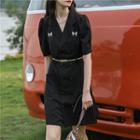 Short-sleeve Bow Print Double-breasted Shirtdress