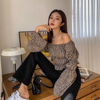 Off-shoulder Banded-trim Leopard Blouse