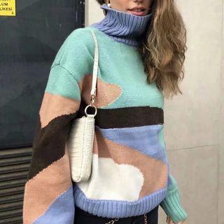 Turtleneck Camo Print Sweater Color Block - One Size