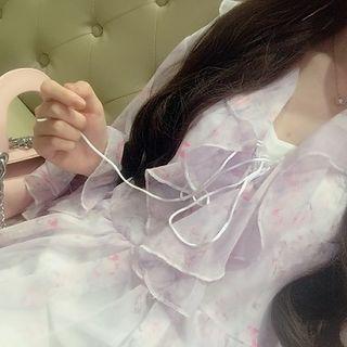 Set: Slipdress + Long-sleeve Floral Print A-line Dress