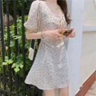 Puff-sleeve Floral Print Mini Sheath Dress As Shown In Figure - One Size