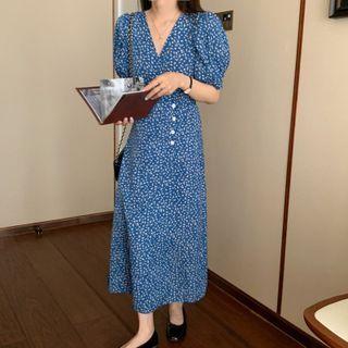 Puff-sleeve V-neck Floral Maxi A-line Dress