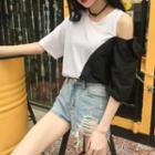 Short-sleeve Cutout Two-tone Top