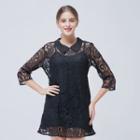 3/4-sleeve Collared Lace Mini Dress