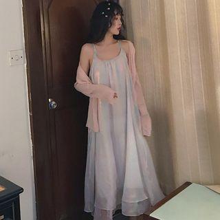 Spaghetti-strap Midi A-line Dress / Plain Chiffon Jacket