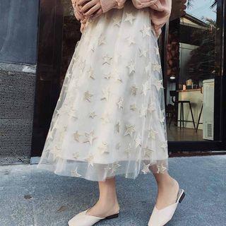Star Embroidered A-line Midi Mesh Skirt