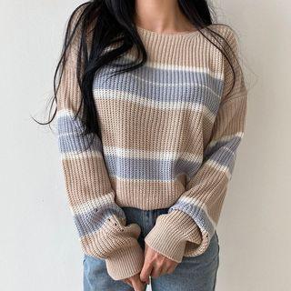 Perforated Stripe Ribbed Knit Top