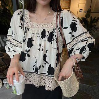 3/4-sleeve Floral Lace Trim Blouse