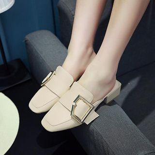 Faux Leather Buckled Block Heel Mules
