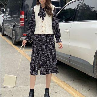 Floral Print Slit-front Dress / Buttoned Knit Vest