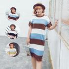 Distressed Striped Short-sleeve Knitted T-shirt Dress