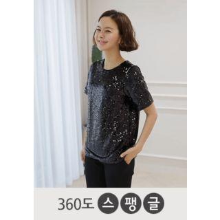 Short-sleeve Round-neck Sequined T-shirt